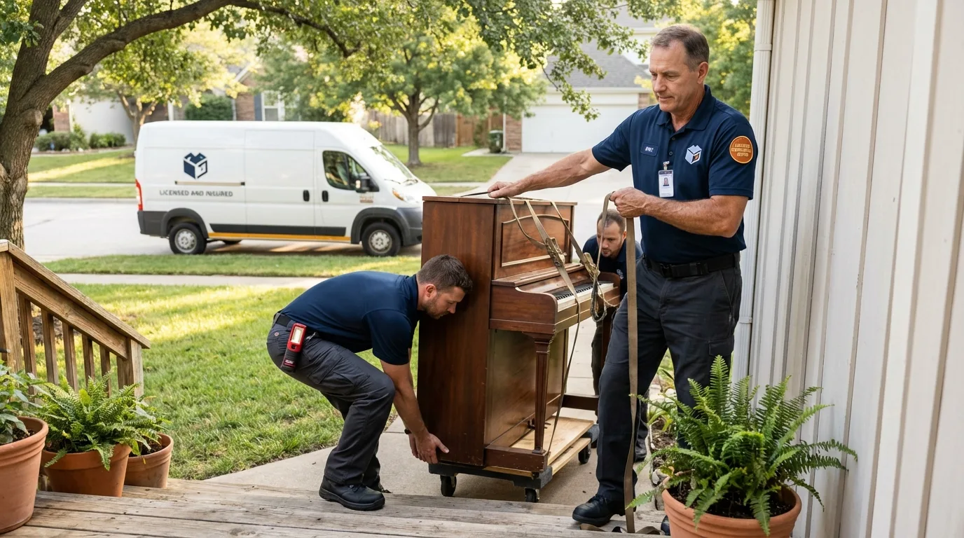 Licensed piano movers securing grand piano in Acushnet, MA