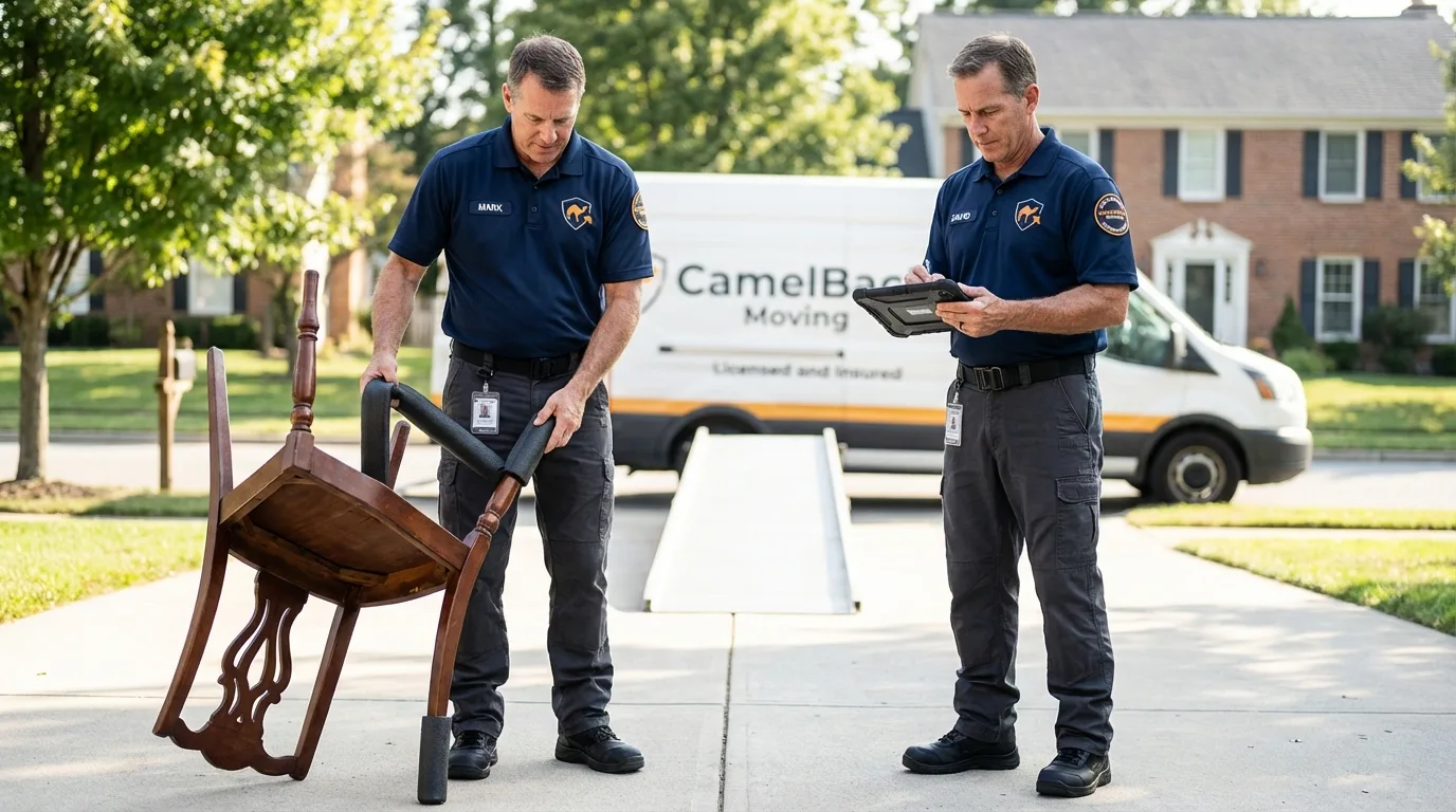 Movers inspecting furniture for damage prevention before loading in Acushnet, MA