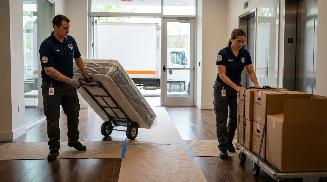 Professional apartment movers loading elevator in Acushnet, MA