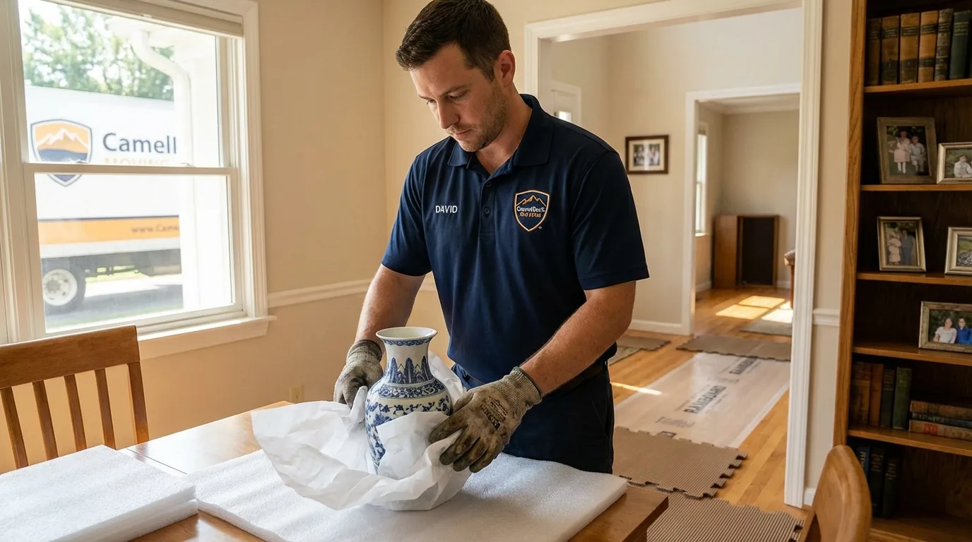 Professional crew carefully wrapping antique vase for senior downsizing move in Acushnet, MA