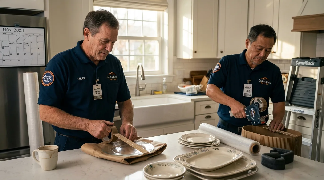 Professional crew packing kitchen dishware in Acushnet, MA